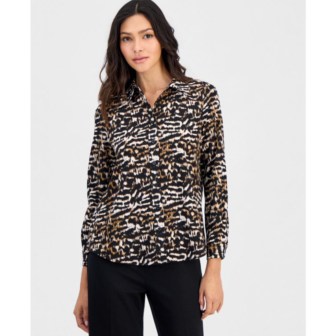 Anne Klein Essentials Petite Printed Button-Front Blouse