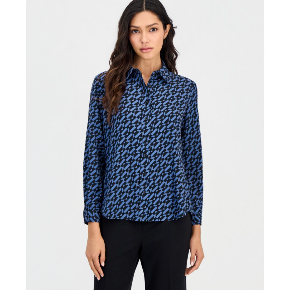 Anne Klein Essentials Petite Printed Button-Front Long-Sleeve Blouse