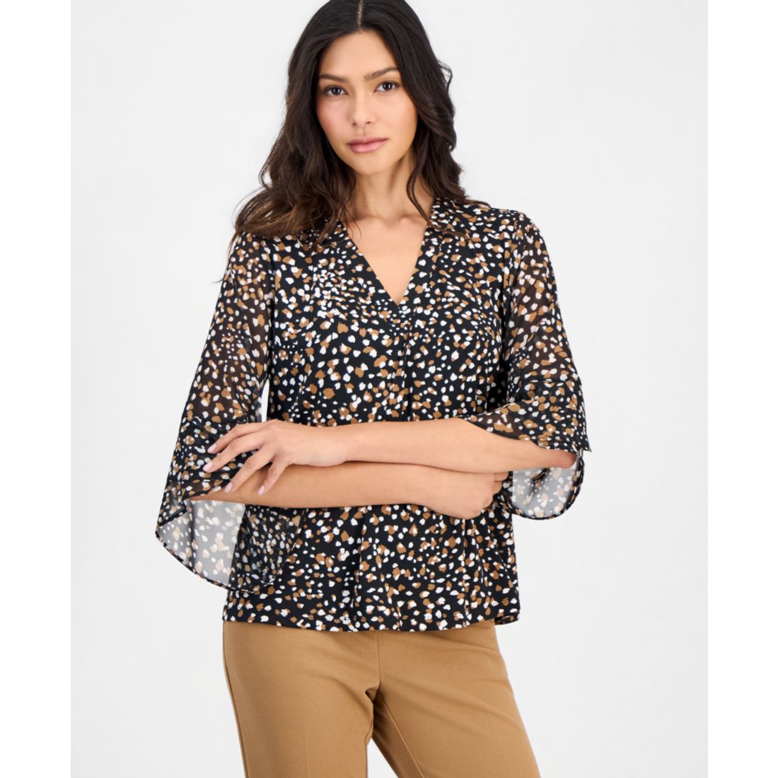 Anne Klein Essentials Petite Printed 3/4-Bell-Sleeve Split-Neck Top