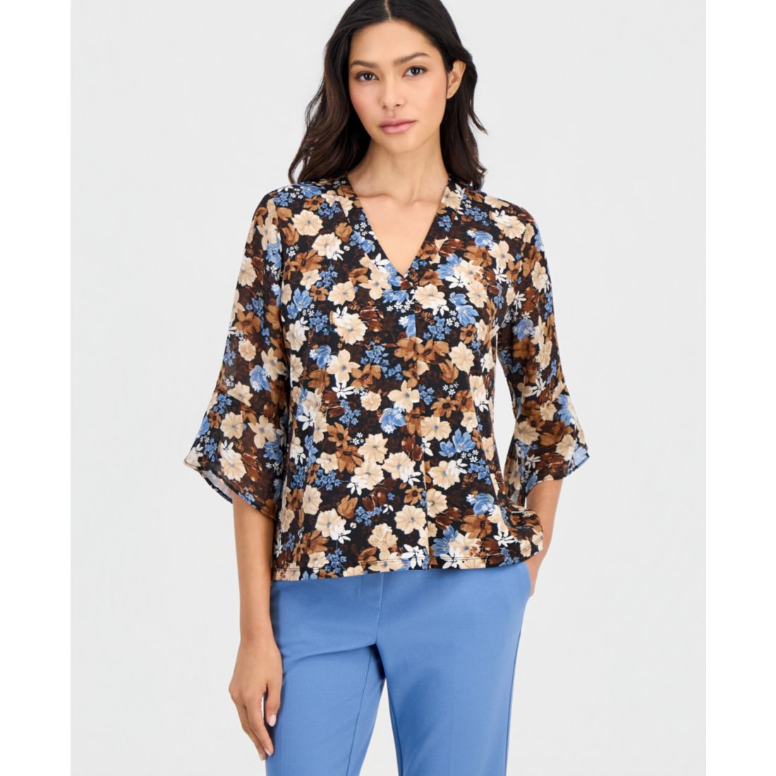 Anne Klein Essentials Petite Floral-Print Split-Neck Bell-Sleeve Top