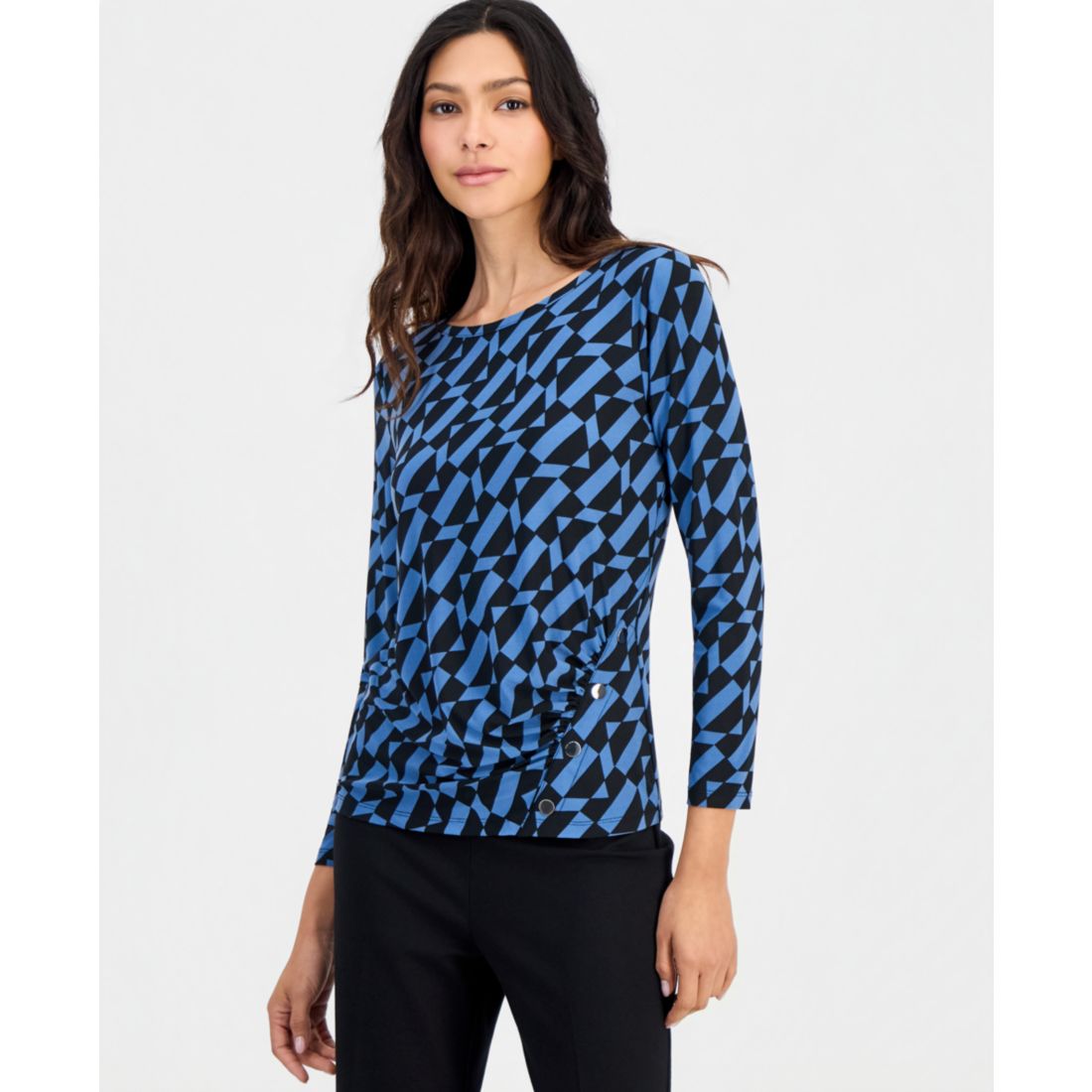Anne Klein Essentials Petite Geo Printed Front Ruche Boat Neck Work Blouse