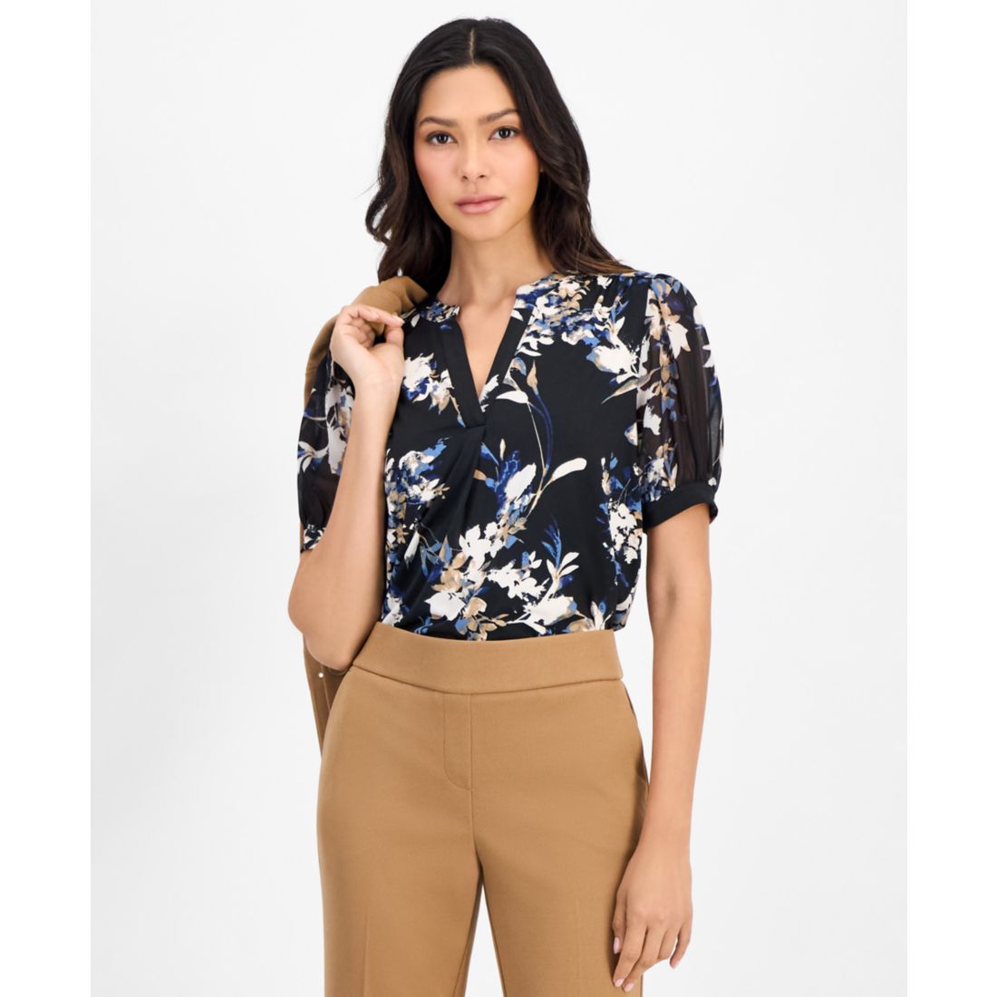 Anne Klein Essentials Petite Floral Split-Neck 3/4-Sleeve Blouse