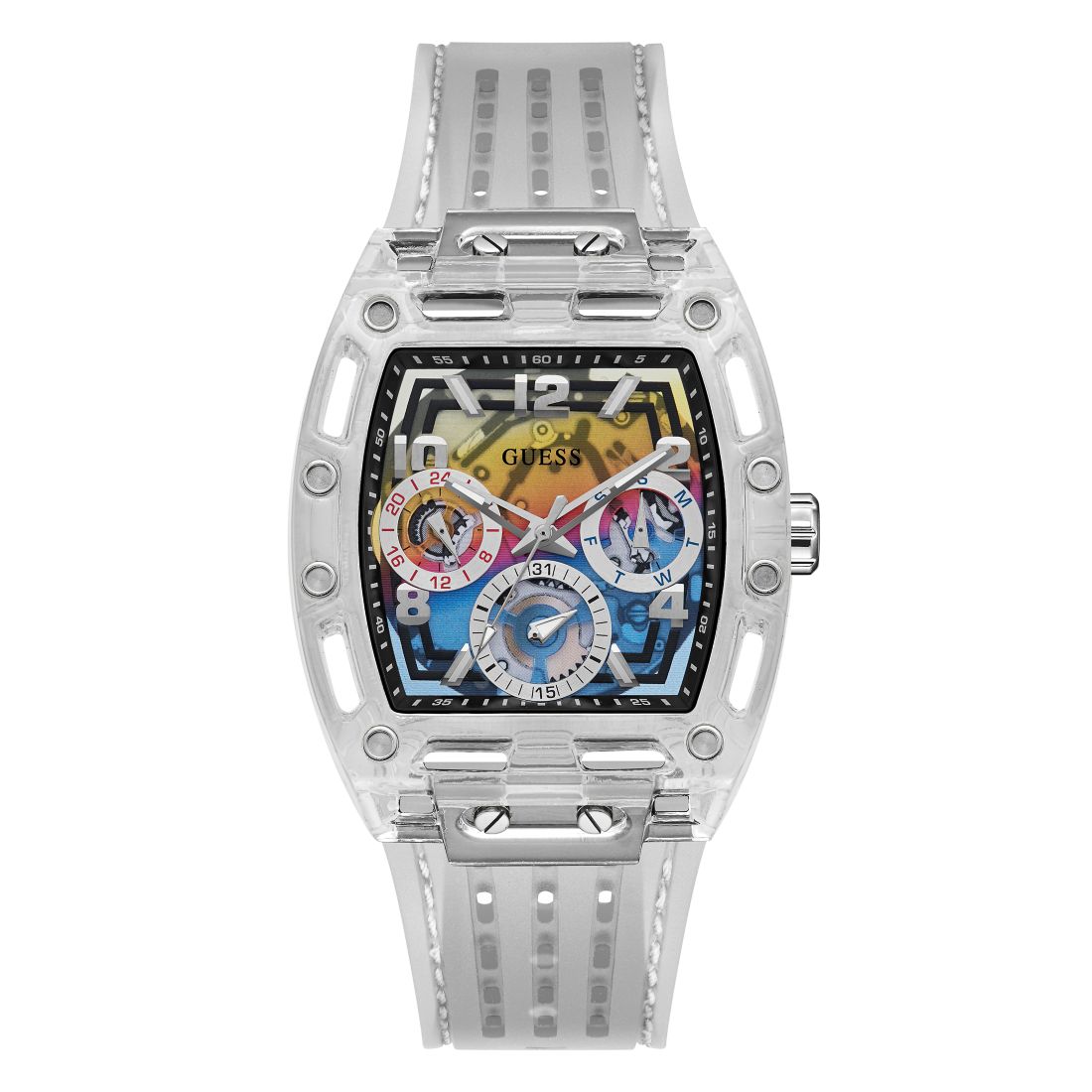 Guess Men's Clear Silicone Multi-Function Watch 44mm