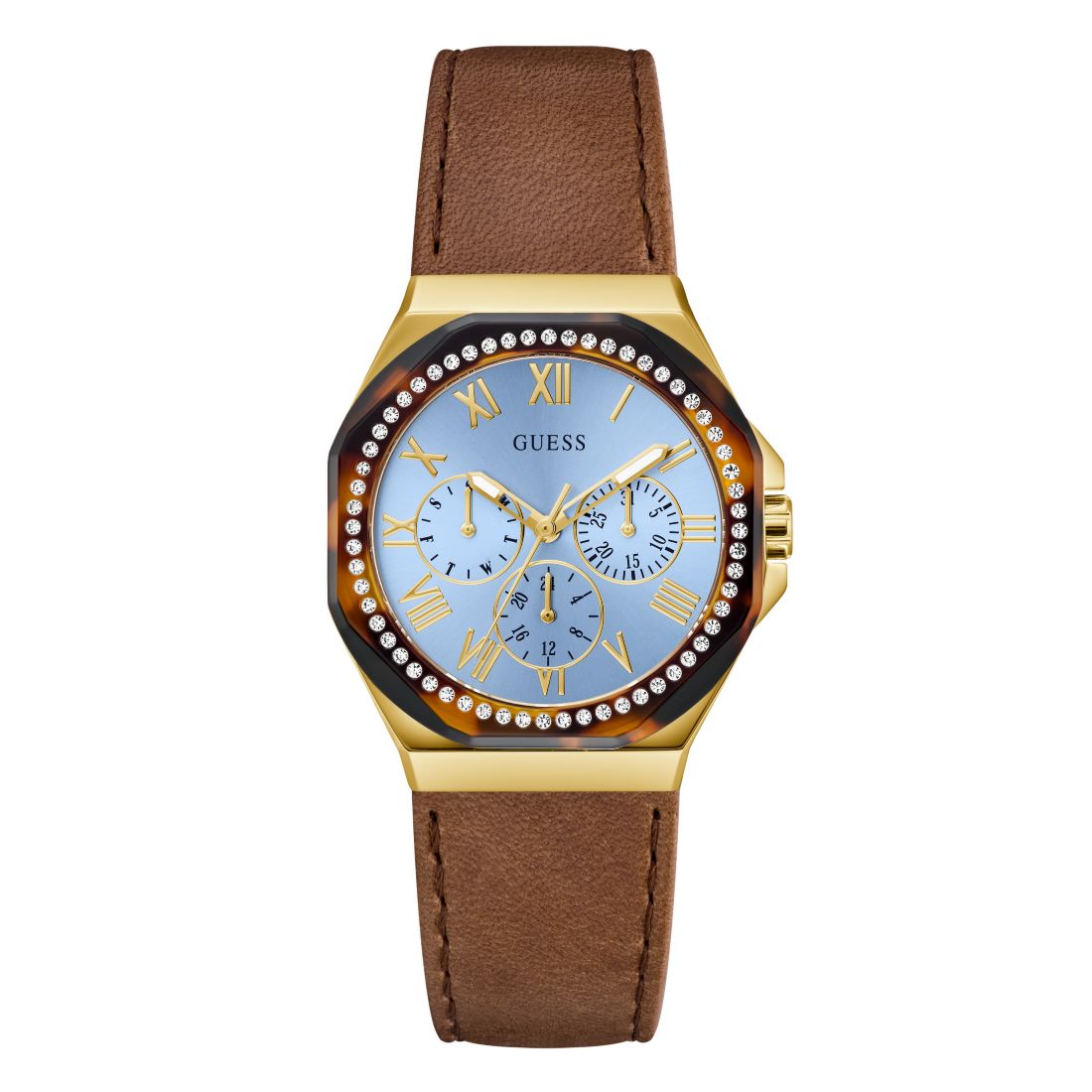 Guess Women's Gold-Tone Brown Leather Multi-Function Watch, 36mm