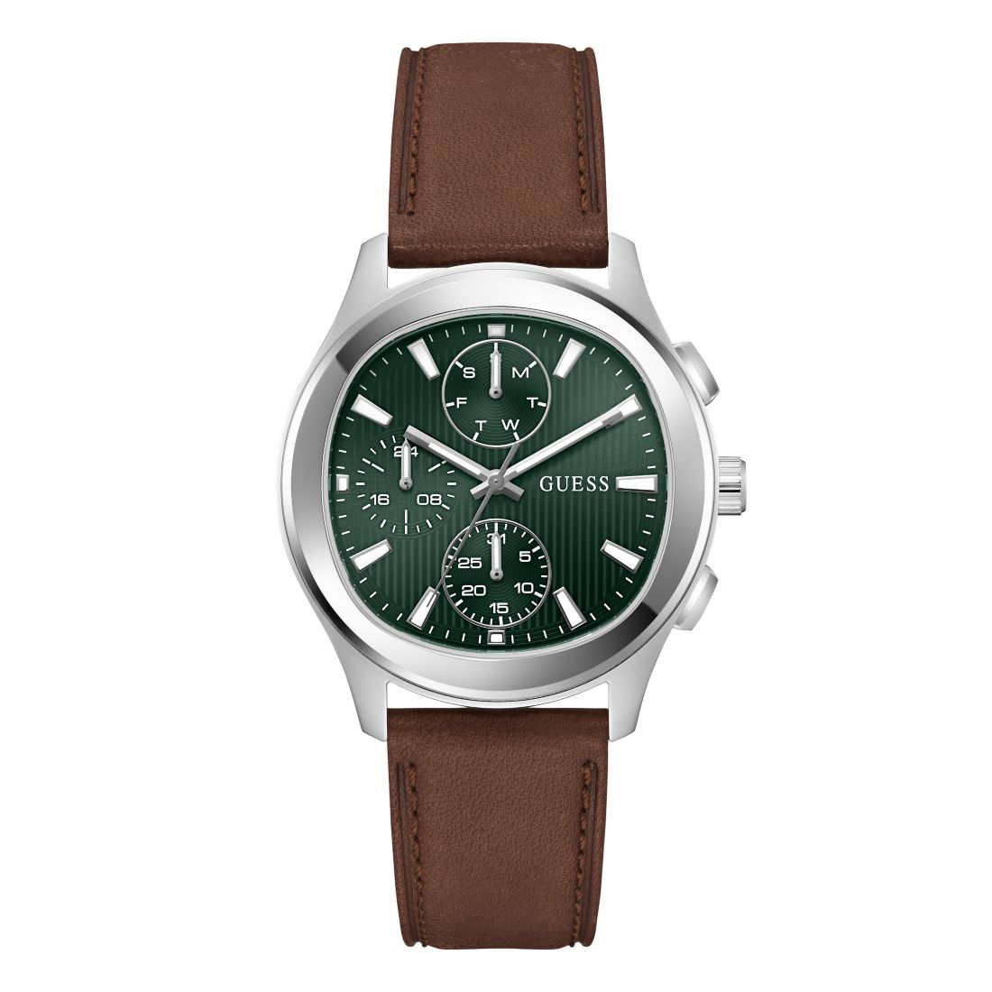 Guess Men's Silver-Tone Brown Leather Multi-Function Watch, 40mm