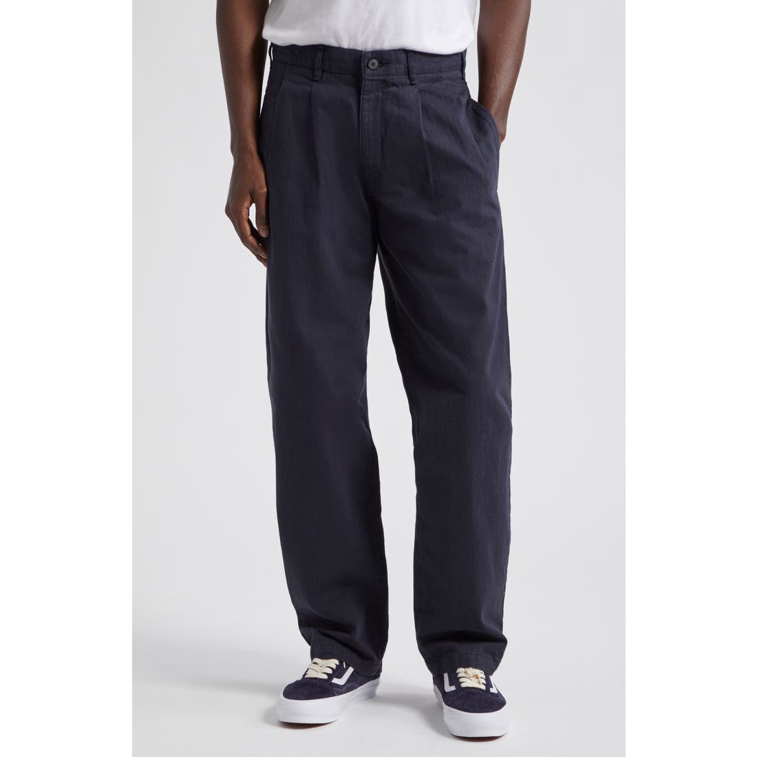 Noah Double Pleat Cotton Herringbone Pants
