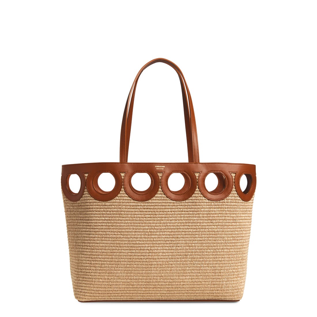 Ferragamo Medium Gancini Frame Perforated Raffia & Leather Tote in Naturale/resort
