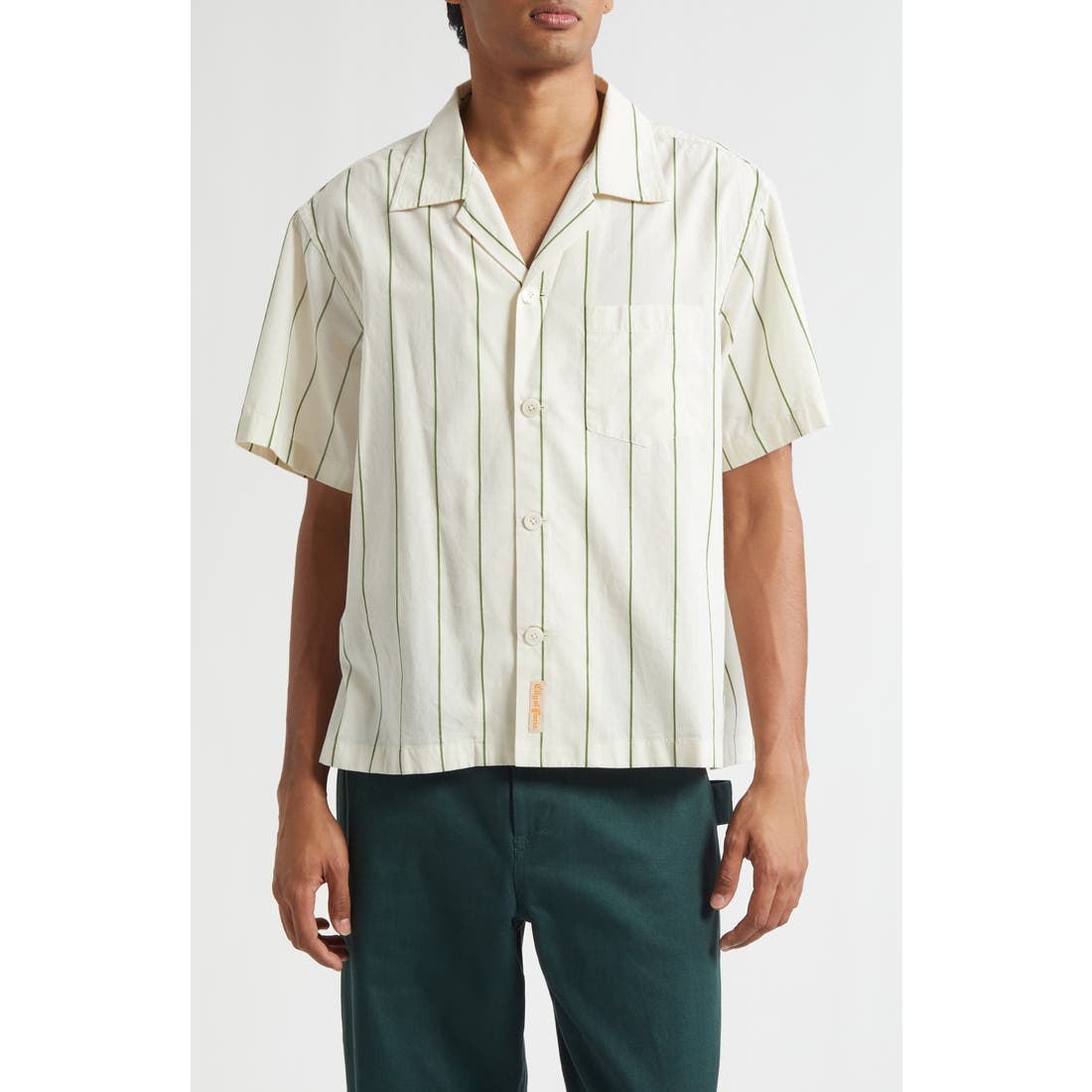 Bode Celery Stripe Short Sleeve Cotton Button-Up Shirt