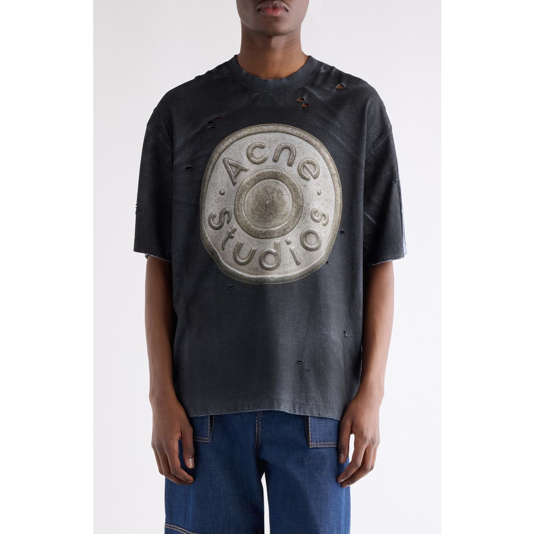 Acne Studios Exford U Distressed Coated Button Logo Graphic T-Shirt