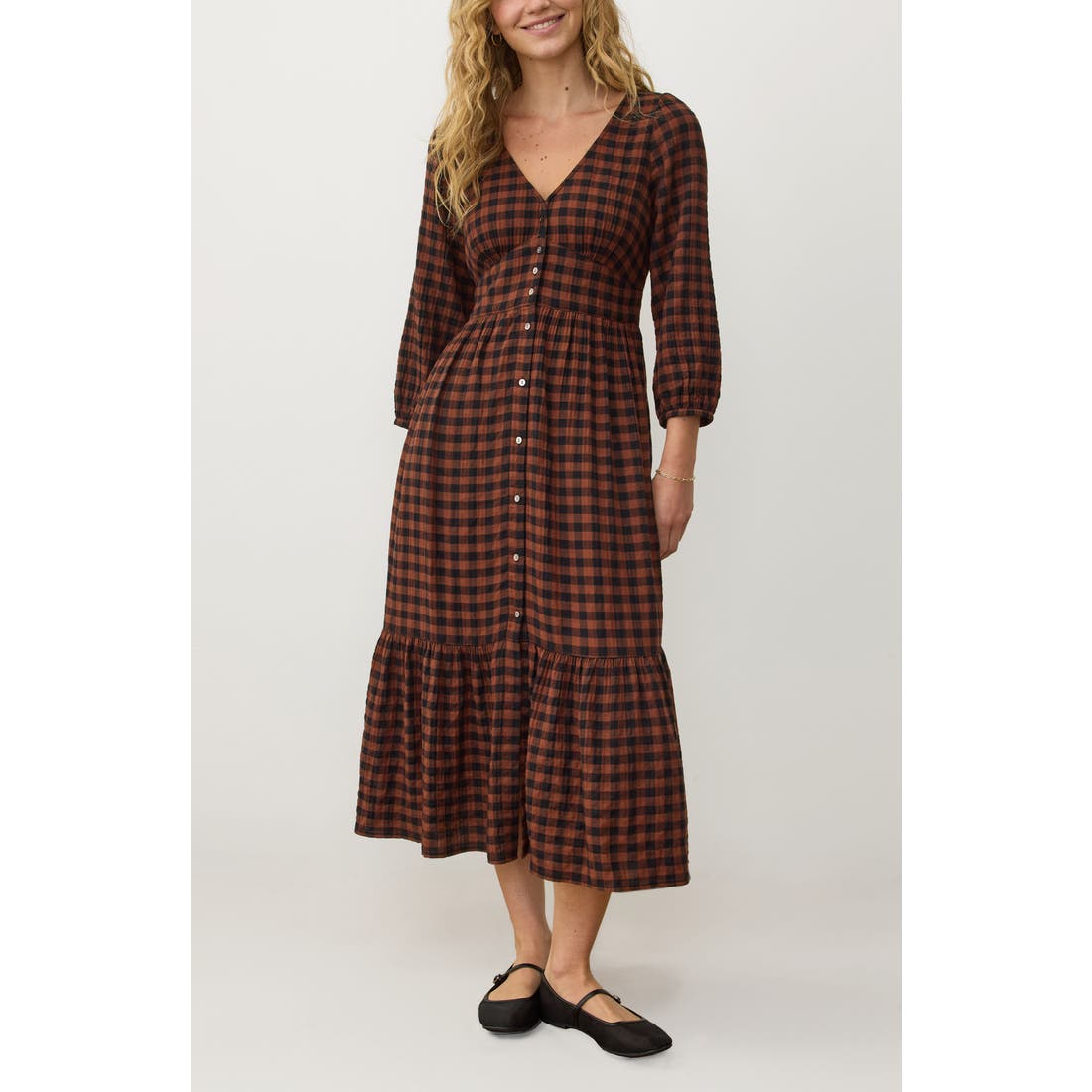 Nordstrom Marine Layer Maeve Plaid Long Sleeve Maxi Dress available now at  Stanford Shopping Center