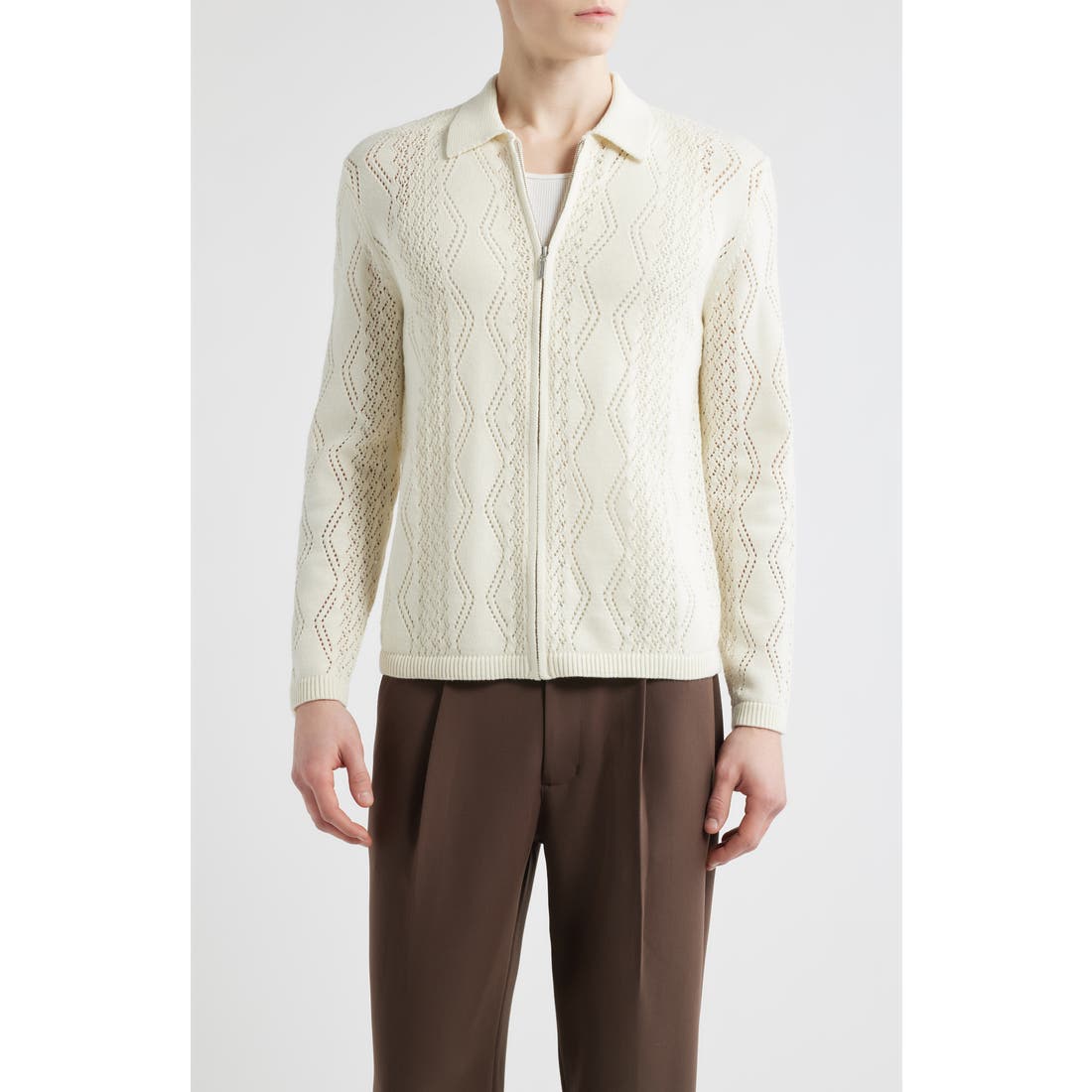 Open Edit Cotton Pointelle Zip Cardigan