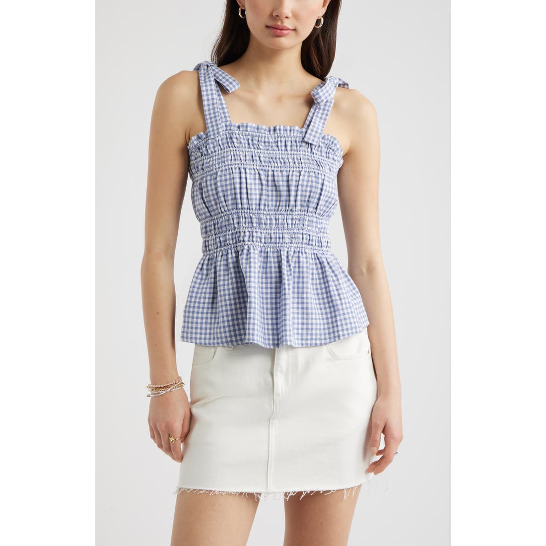 Bp. Gingham Shirred Linen Blend Top