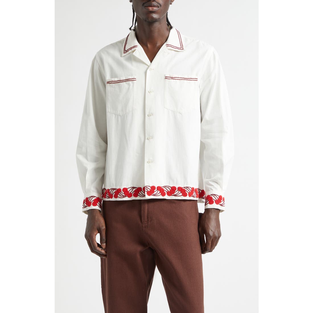Bode Cherry Lane Beaded Cotton Poplin Button-Up Shirt