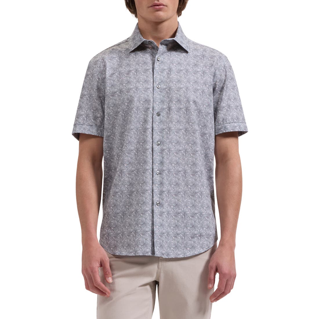Bugatchi Miles OoohCotton® Leaf Print Short Sleeve Button-Up Shirt
