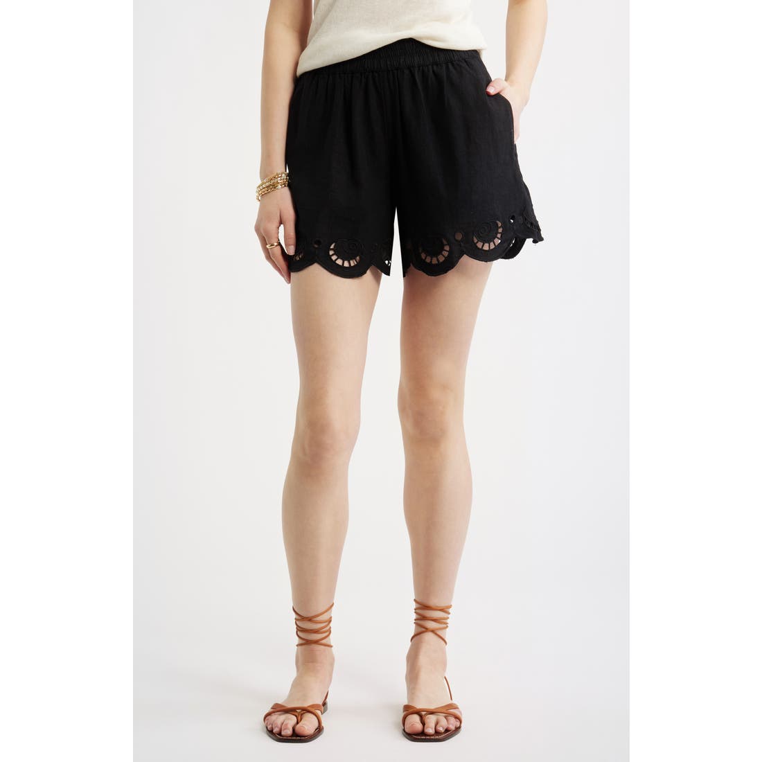 Treasure & Bond Cutwork Hem Linen Blend Pull-On Shorts
