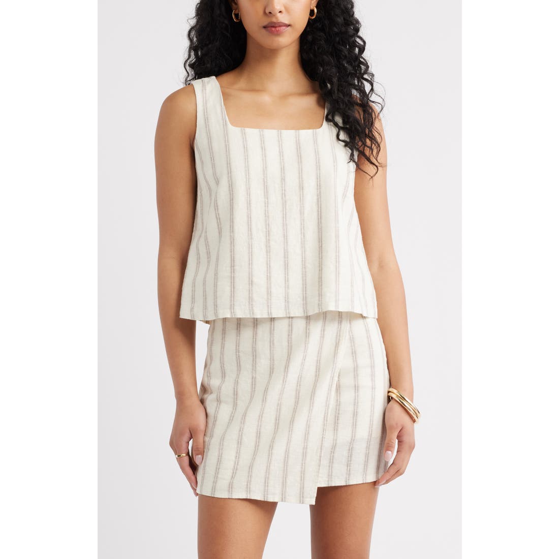 Open Edit Square Neck Sleeveless Linen Blend Top