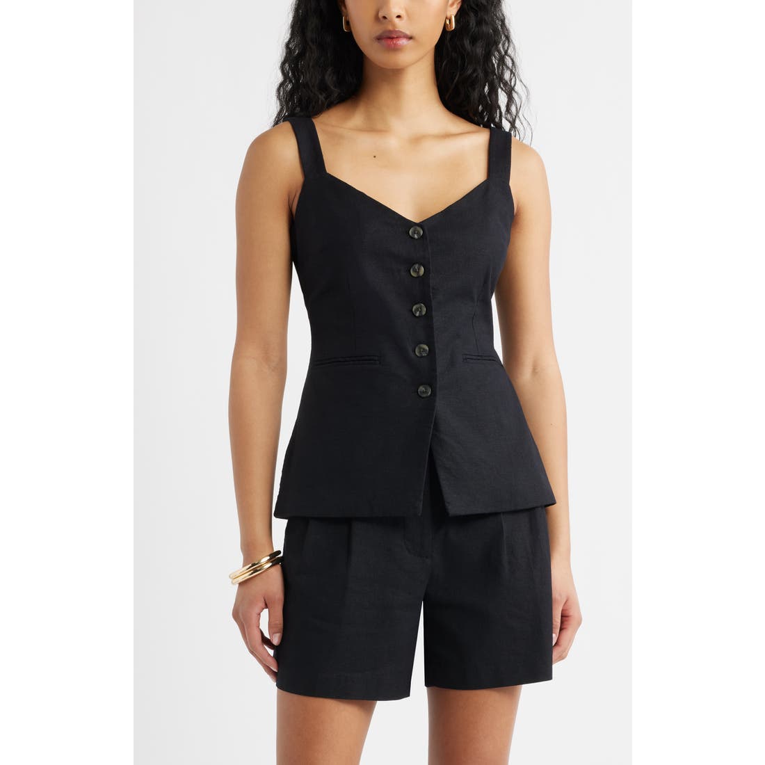 Open Edit Button Front Linen Blend Tank