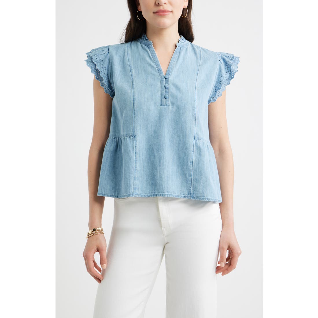 Caslon(r) ) Ruffle Eyelet Chambray Top