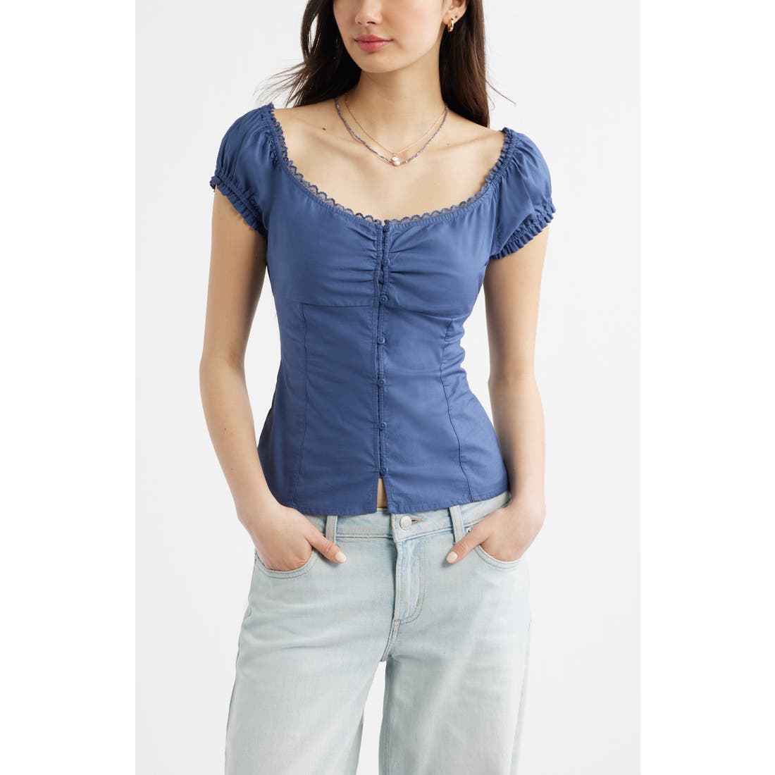 Bp. Lace Trim Stretch Cotton Button-Up Top