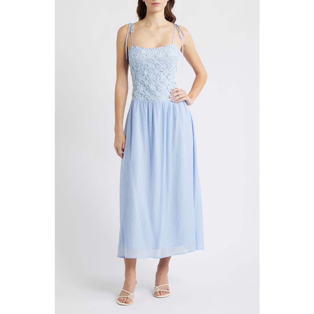 Nordstrom MOON RIVER Floral Appliqu Tie Shoulder Midi Dress available now  at The Shops at Mission Viejo