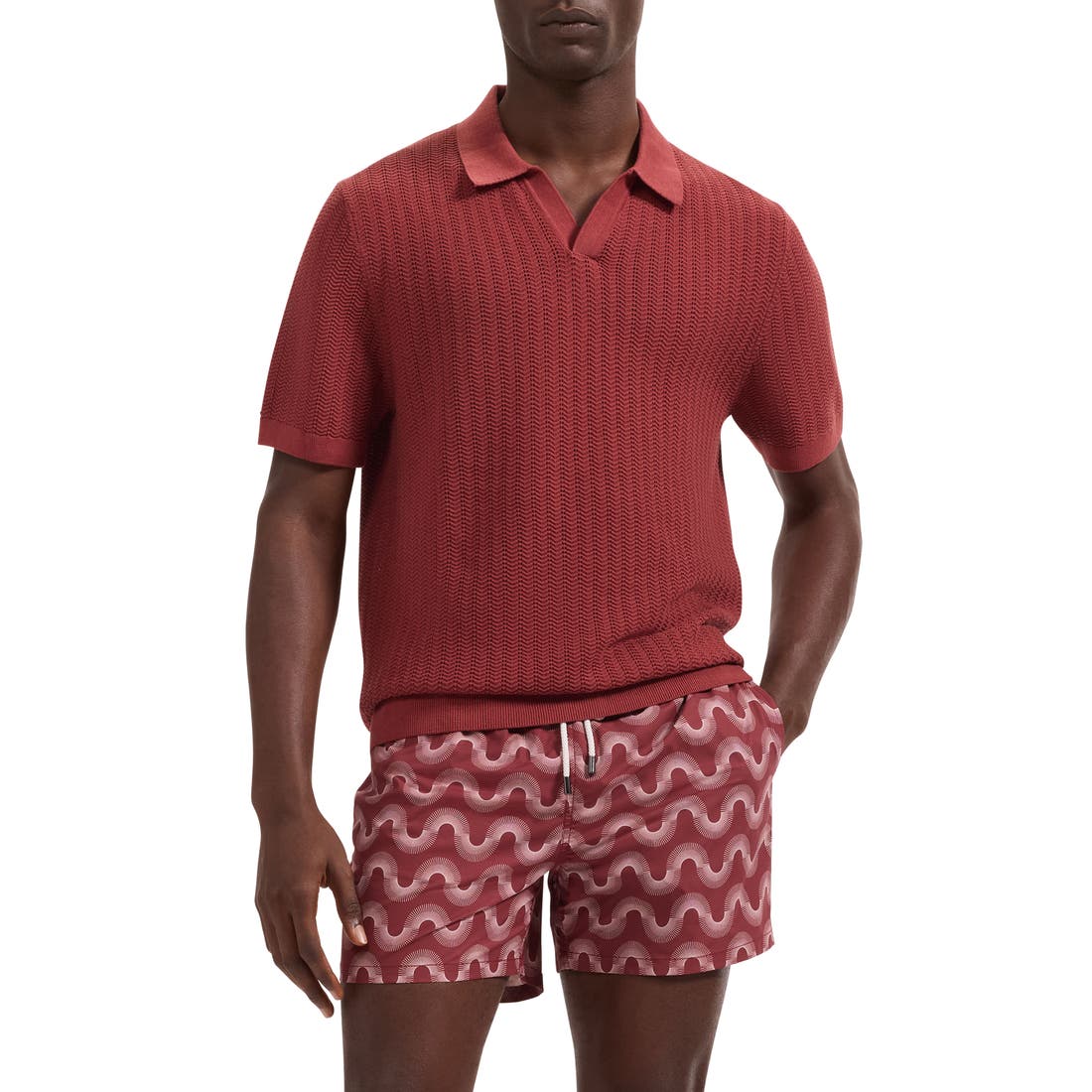 Bugatchi Pointelle Stitch Cotton & Silk Polo Sweater