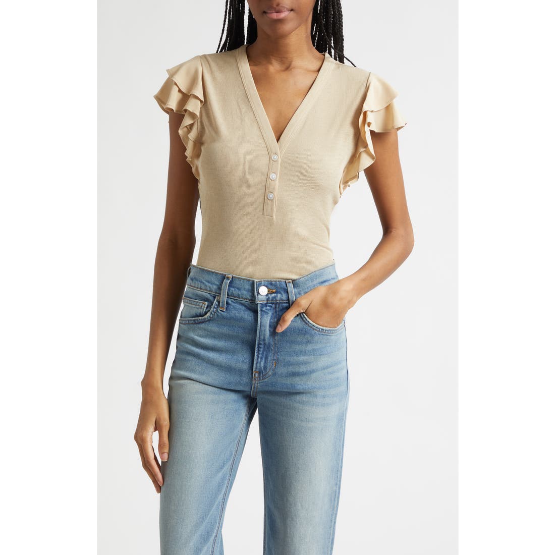 Veronica Beard Aphrodite Ruffle Sleeve Rib Top
