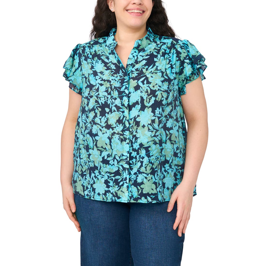 Cece Floral Flutter Sleeve Placket Button-Up Shirt