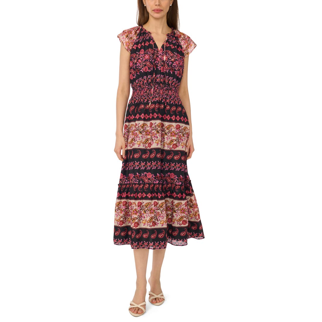 Cece Print Flutter Sleeve Midi Dress
