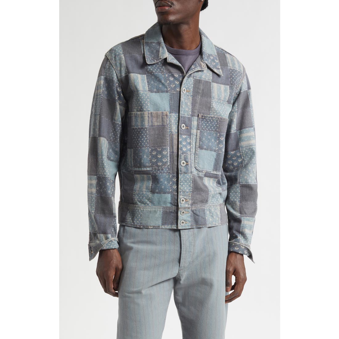 Double Rl Patchwork Trompe l'Oeil Jersey Chore Jacket in Navy/multi