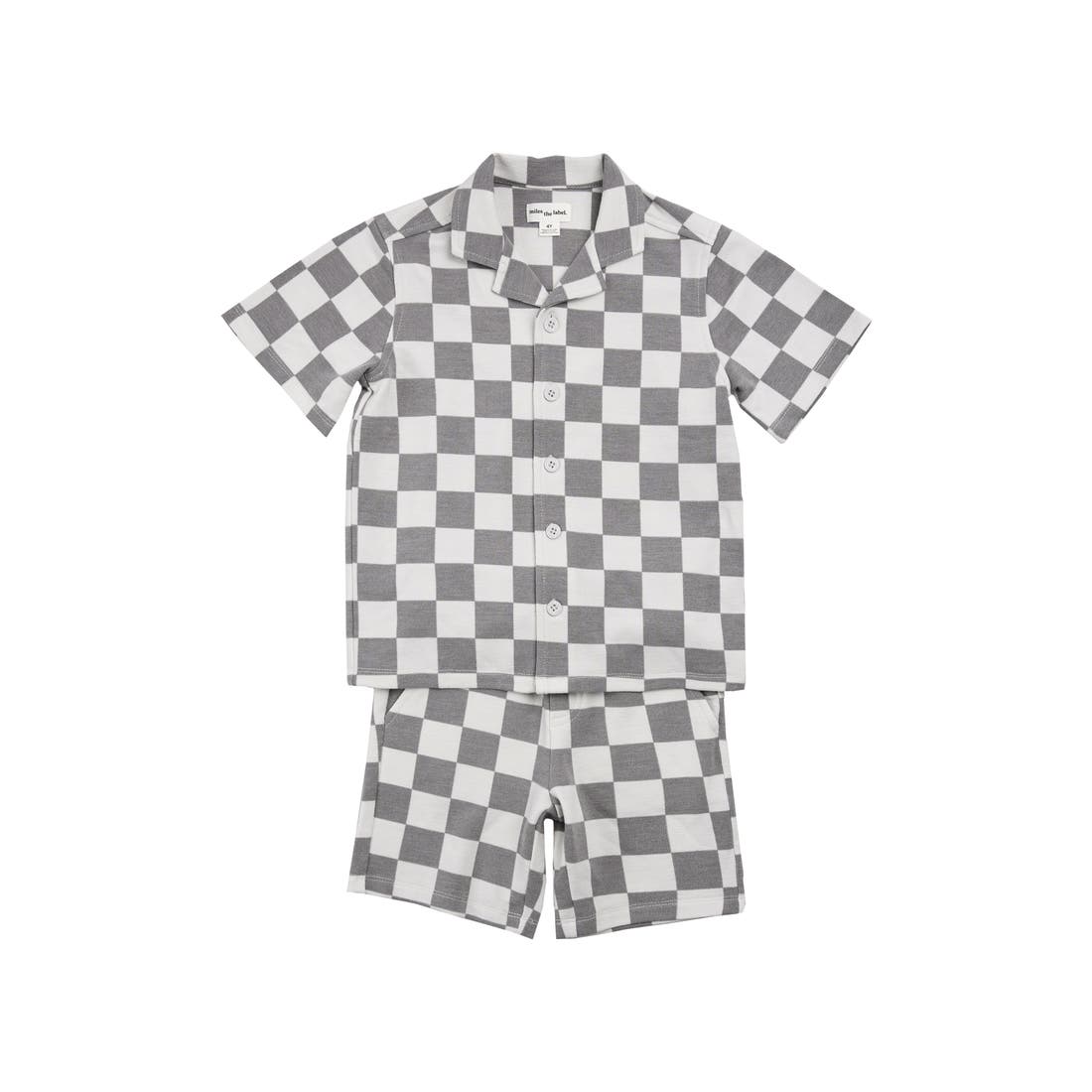 Miles Checkerboard Print Button-Up Shirt & Shorts Set