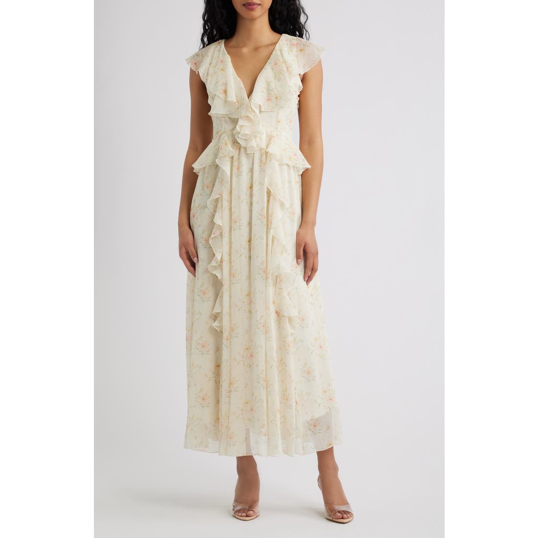 Lulus Bea Cascade Ruffle Midi Dress