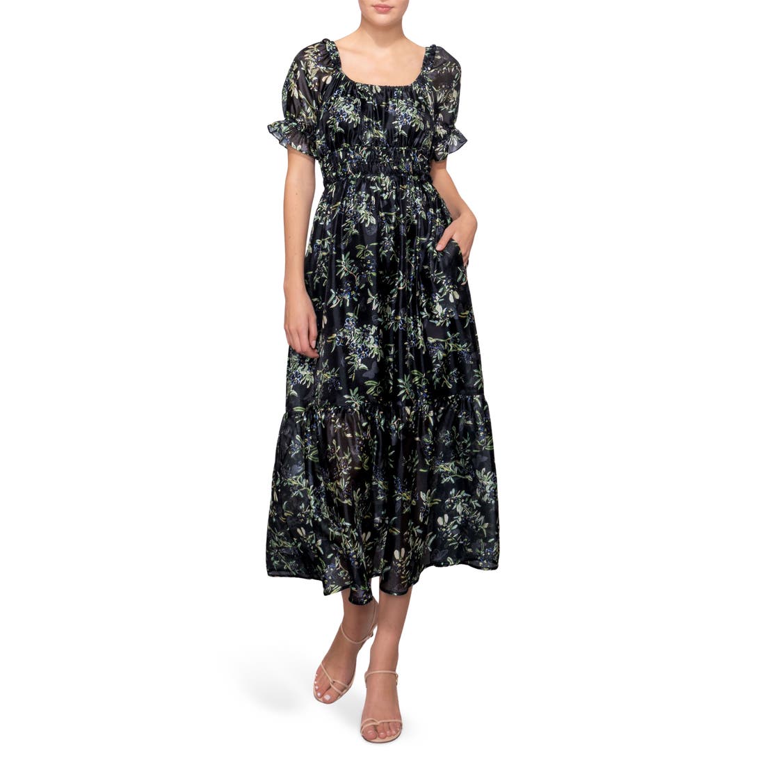 undefined MELLODAY Shirred Puff Sleeve Maxi Dress in Black Multi available  now at Liberty Tree Mall