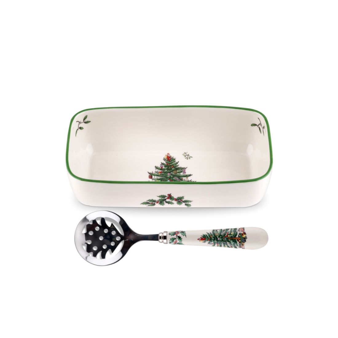 Spode Christmas Tree Cranberry Server with Slotted Spoon