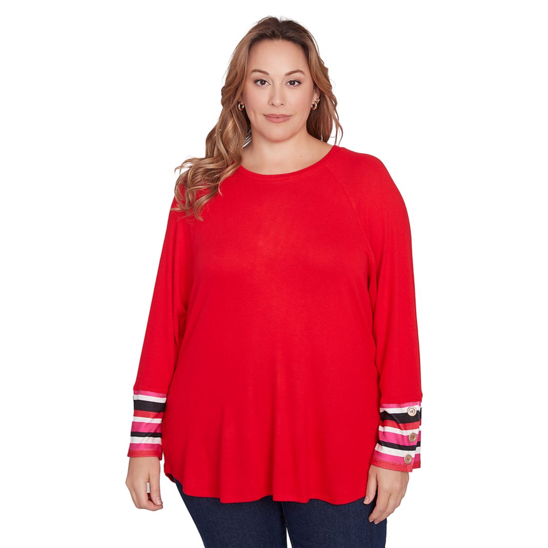 Ruby Rd Women's Plus Size Crew Neck Solid Hatchi Knit Top with Striped Cuff Detail