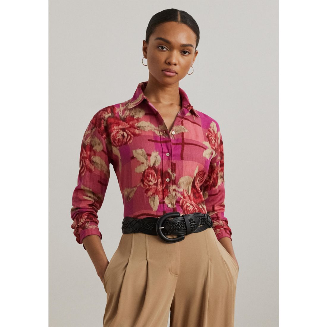 Belk Lauren Ralph Lauren Women's Relaxed Fit Floral Linen Shirt available  now at Haywood Mall, image size:1100x1100