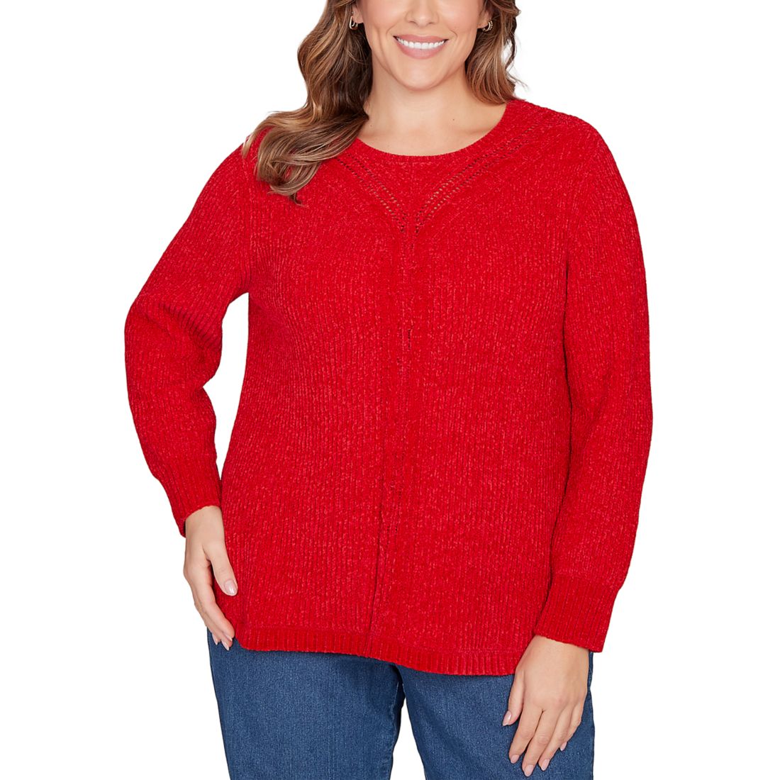 Ruby Rd Women's Plus Size Vertical Cable Detailed Chenille Pull Over Sweater