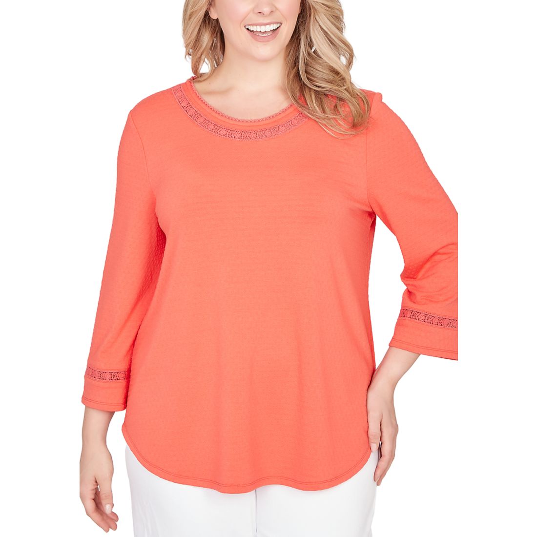 Ruby Rd Women's Plus Size Lace Trim Solid Clip Dot Top