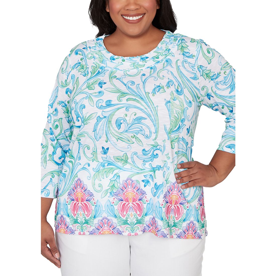 Alfred Dunner Women's Plus Size Classics Scroll Border Top