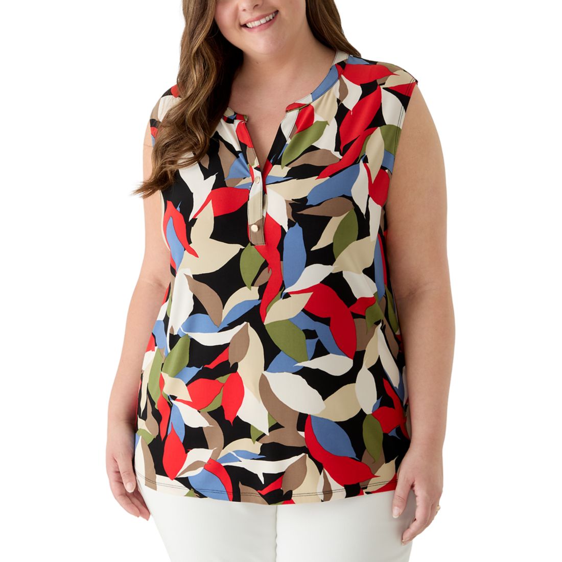 Ak Anne Klein Women's Plus Size Button Front Split Neck Top