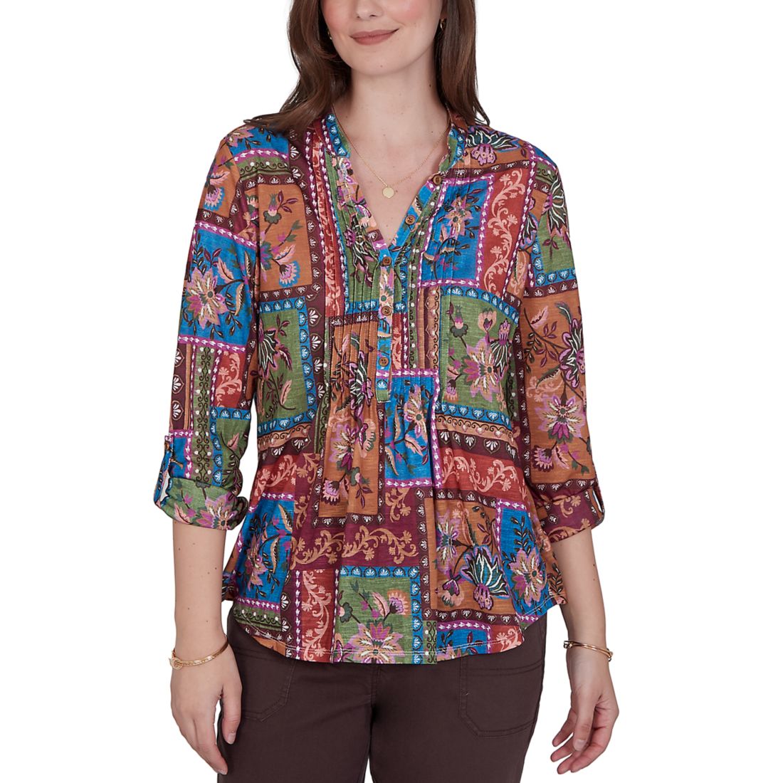 Ruby Rd Women's Petite Tapestry Floral Button Front Top