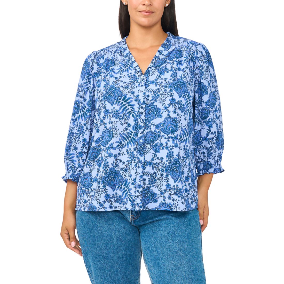 Cece Women's Plus Size Button Down Puff Sleeve Blouse