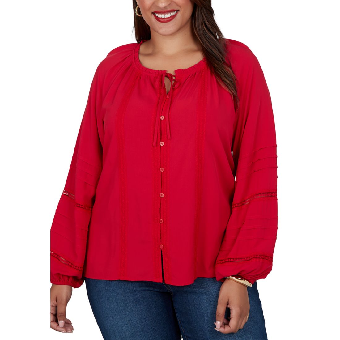 Ruby Rd Women's Plus Size Lace Appliqué Button Front Peasant Top