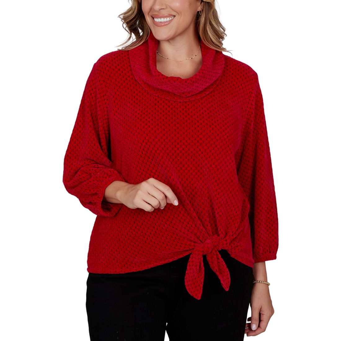 Ruby Rd Women's Plus Size Cowl Neck Honeycomb Chenille Side Tie Top