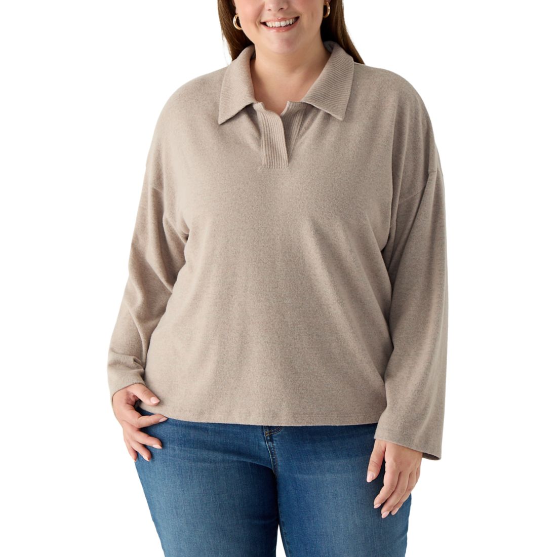 Olive + Oak Women's Plus Size Long Sleeve Collar Hacci Pullover