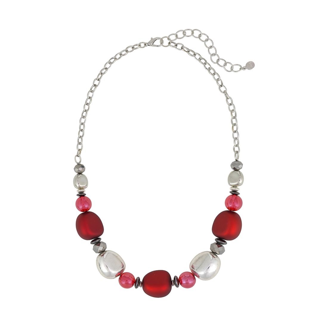 Ruby Rd Two Tone Red and Silver Nugget Beaded Frontal Necklace