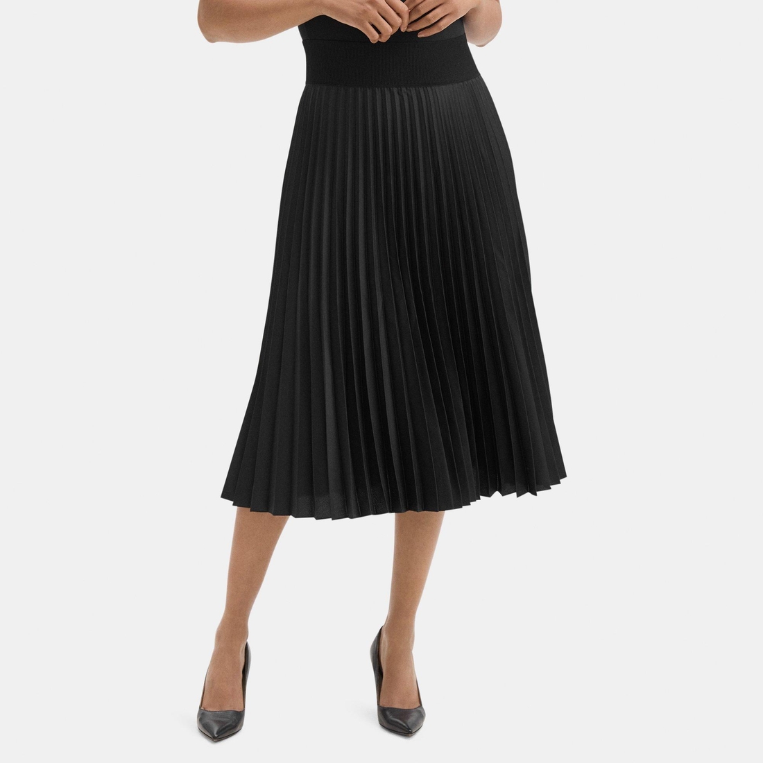 Theory Outlet Pleated Pull-On Skirt in Poly available now at