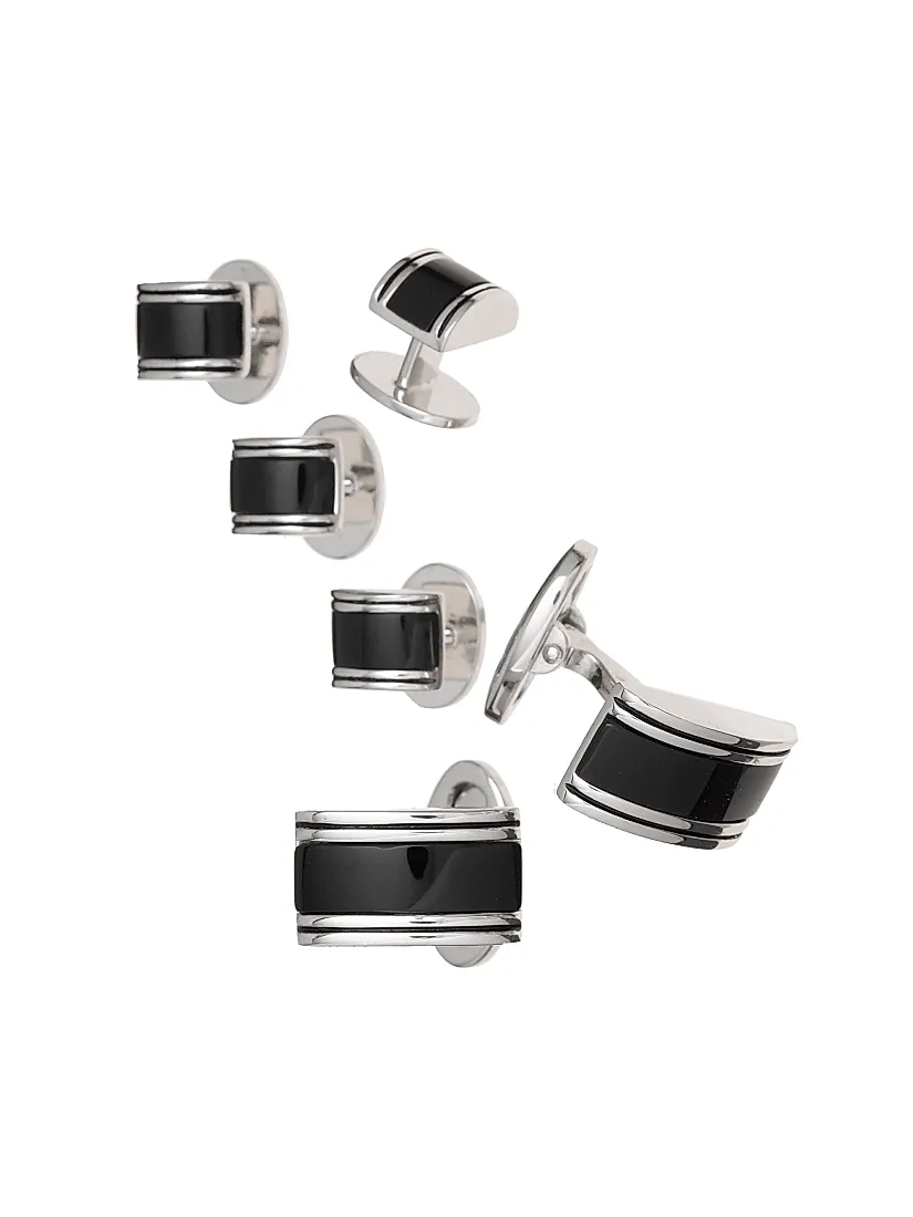 Jan Leslie Linear Etch Rectangular Cufflinks & Tuxedo Studs Set