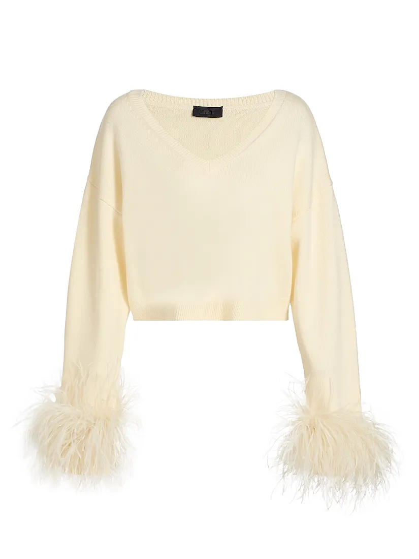 Lapointe Feather-Cuff Merino Wool Crop Sweater