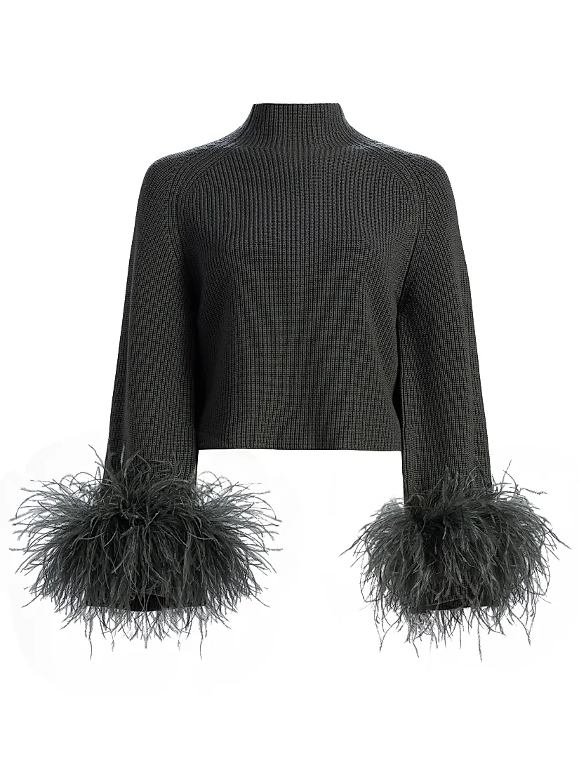 Lapointe Feather-Cuff Mock Turtleneck Wool Sweater