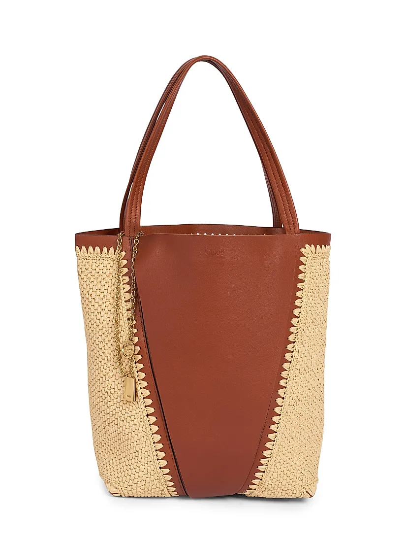 Chloé Spin Medium Leather-Raffia Tote Bag